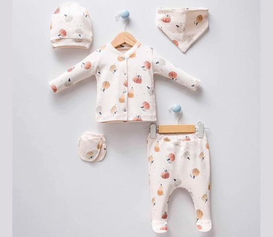 5-teiliges Newborn Set mit Handschuh, Mütze und Tuch (Kürbis Motive) Unisex