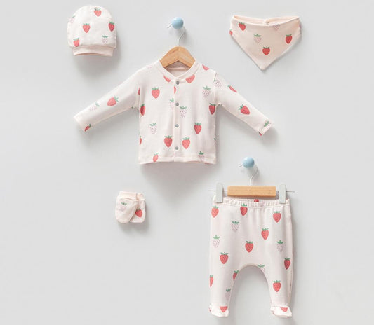 5-teiliges Newborn Set mit Handschuh, Mütze und Tuch (Erdbeer Motive) für Mädchen