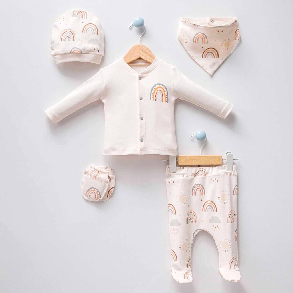 5-teiliges Newborn Set mit Handschuh, Mütze und Tuch (Regenbogen Motive) Unisex